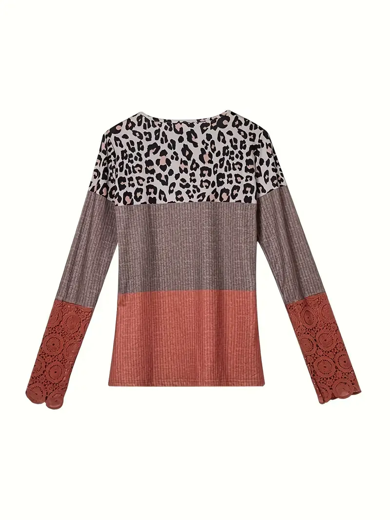 Leopard Print Cross Front T-Shirt, Casual Lace Stitching Long Sleeve Top For Spring & Fall, Women's Clothing