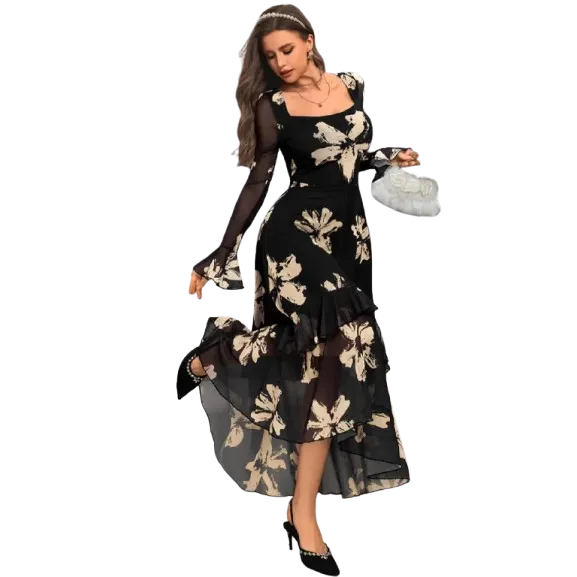 Women's Elegant Fashion Casual Square Neck Long Sleeve Dress