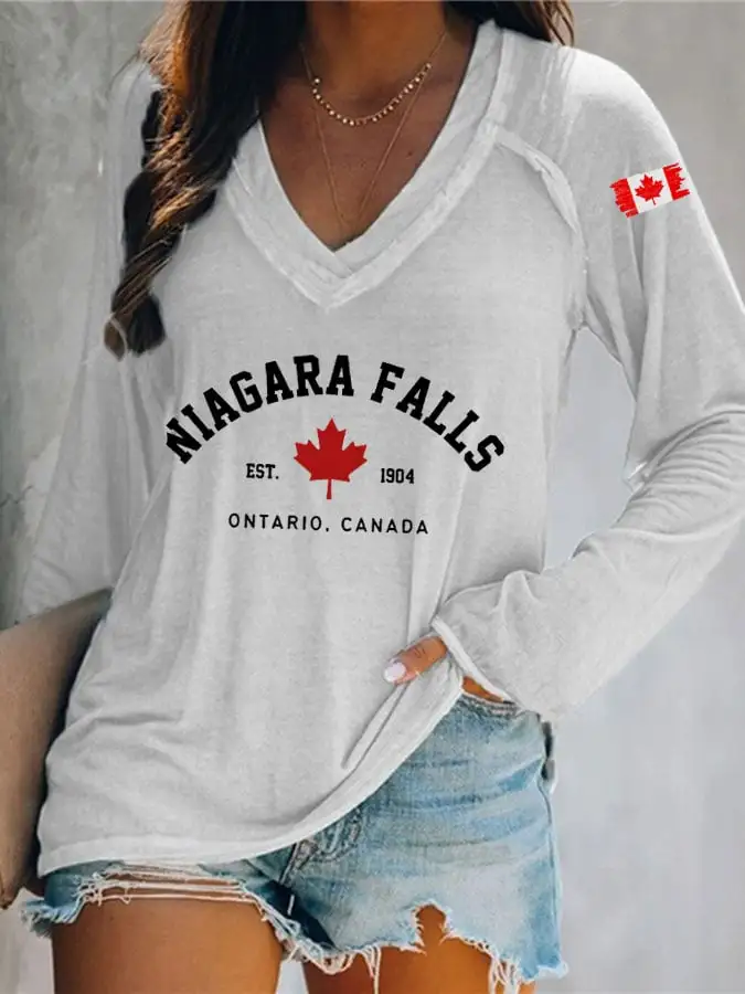 Women's Canada Niagara Falls Print V-Neck Long Sleeve T-Shirt