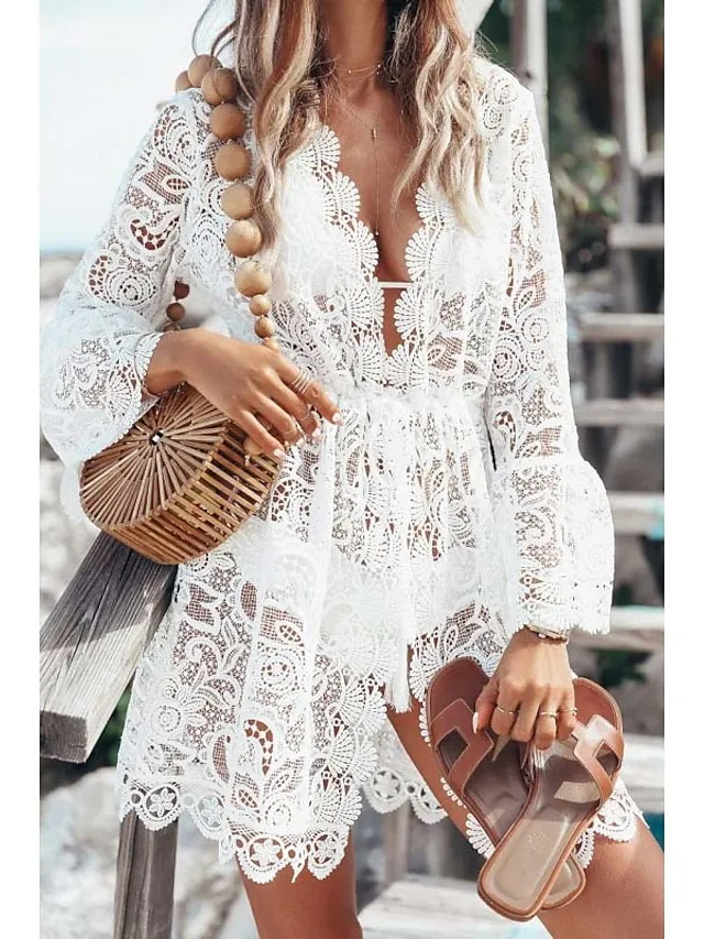 Women's Swimwear Cover Up Beach Top Normal Swimsuit UV Protection Lace Crochet Solid Color White Bathing Suits Modern Vacationy / Sweet / New / Padless