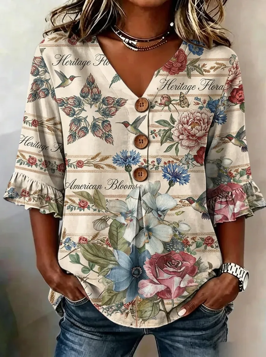 Women's Nashville Heritage Floral Hummingbird Printed V-Neck Top