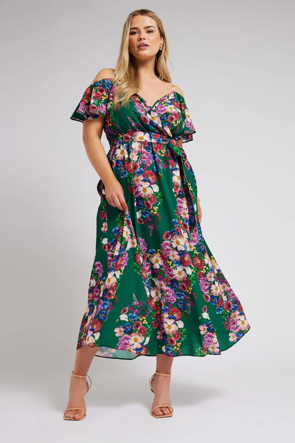 YOURS LONDON Curve Green Floral Print Cold Shoulder Wrap Dress