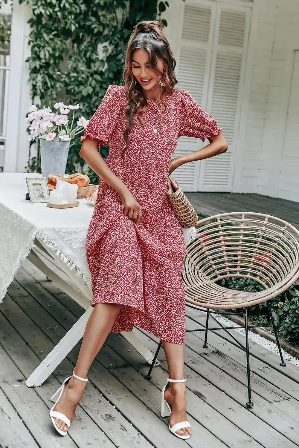 Floral Print Ruffle Puff Sleeve High Waist Midi Dresses