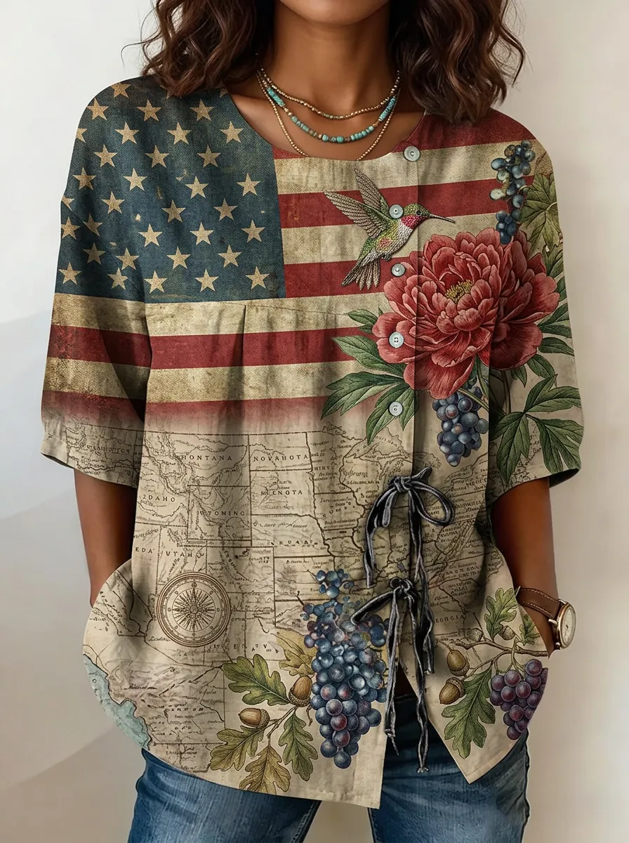 Women's Nashville USA Flag Map Floral Hummingbird Printed Top