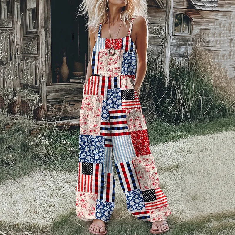 Women's Independence Day American Flag Patch Floral & Paisley Patchwork Linen Print Cotton Linen Jumpsuit