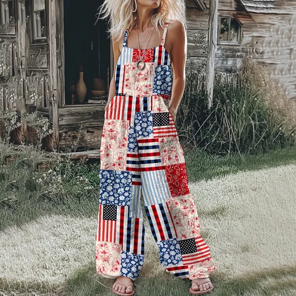 Women's Independence Day American Flag Patch Floral & Paisley Patchwork Linen Print Cotton Linen Jumpsuit