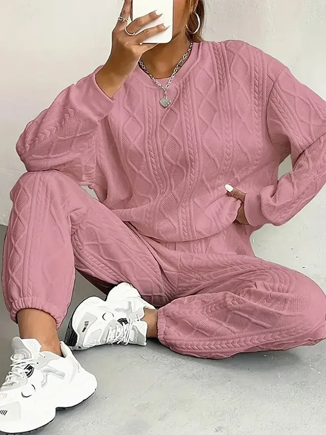 Women's Daily Sweatshirt Trousers Chinos Long Sleeve Round Neck Solid Color Patchwork Outdoor White Pink Rose Red Spring Regular Fit