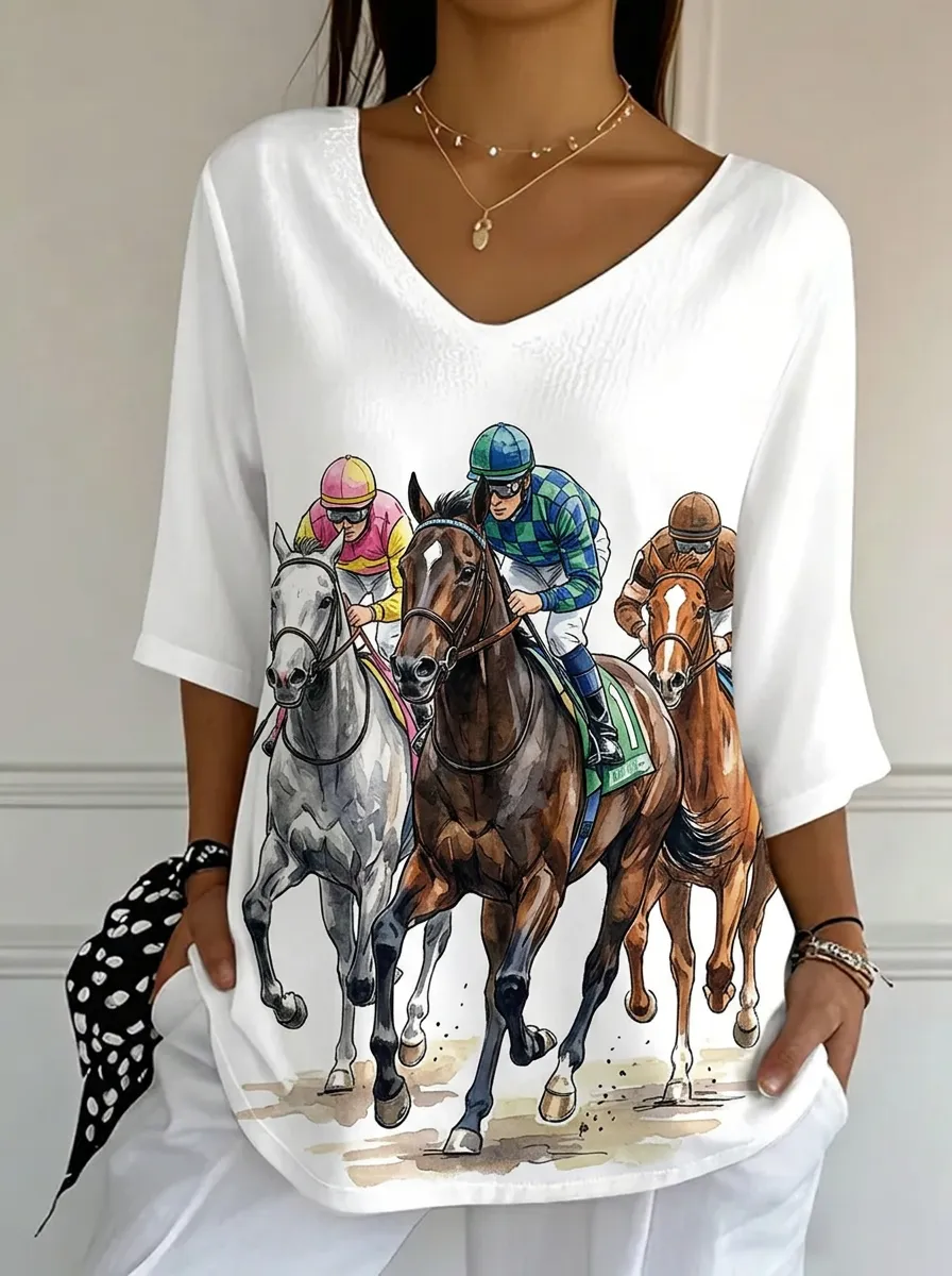 Women's Nashville Horse Racing Jockey Printed V-neck Top