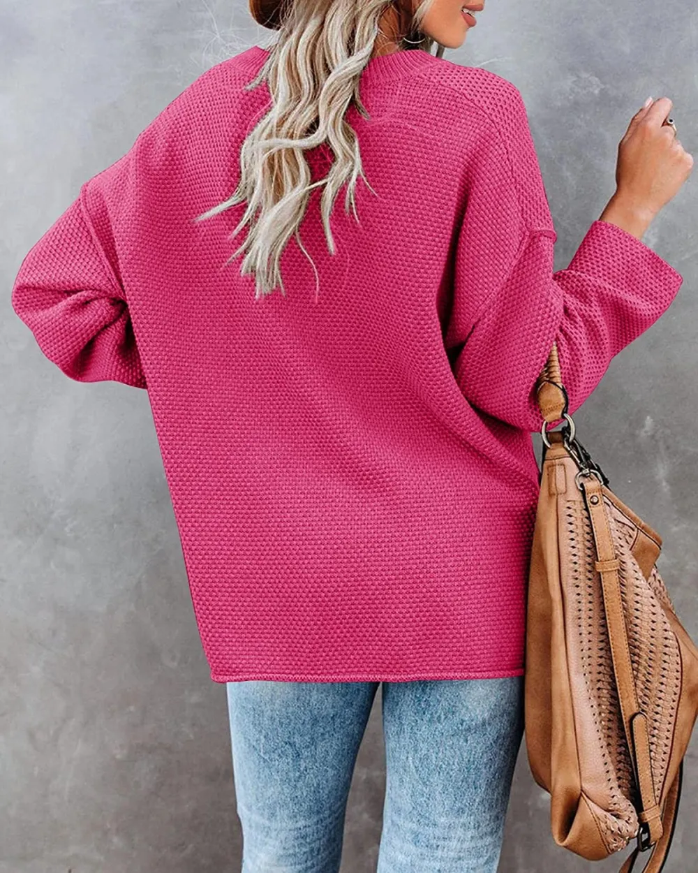 Women's Oversized Sweaters Batwing Long Sleeve Loose V Neck Button Henley Tops Pullover Knit Jumper