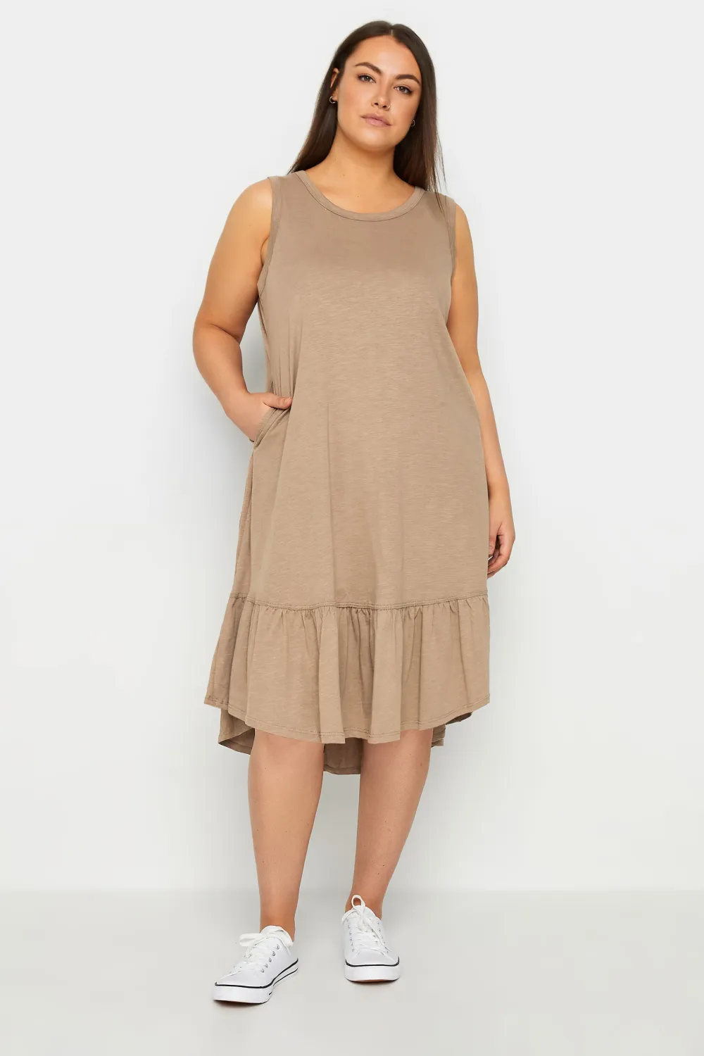 Evans Brown Ruffle Drape Pocket Tunic Dress
