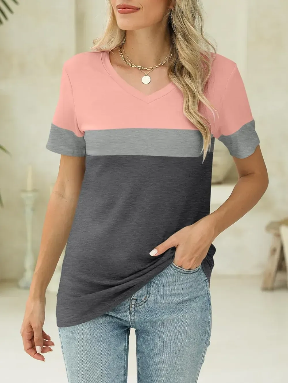 ORANDESIGNE Women's Color Block Short Sleeve T Shirts Casual V Neck Summer Tops Tees Loose Fit Blouses