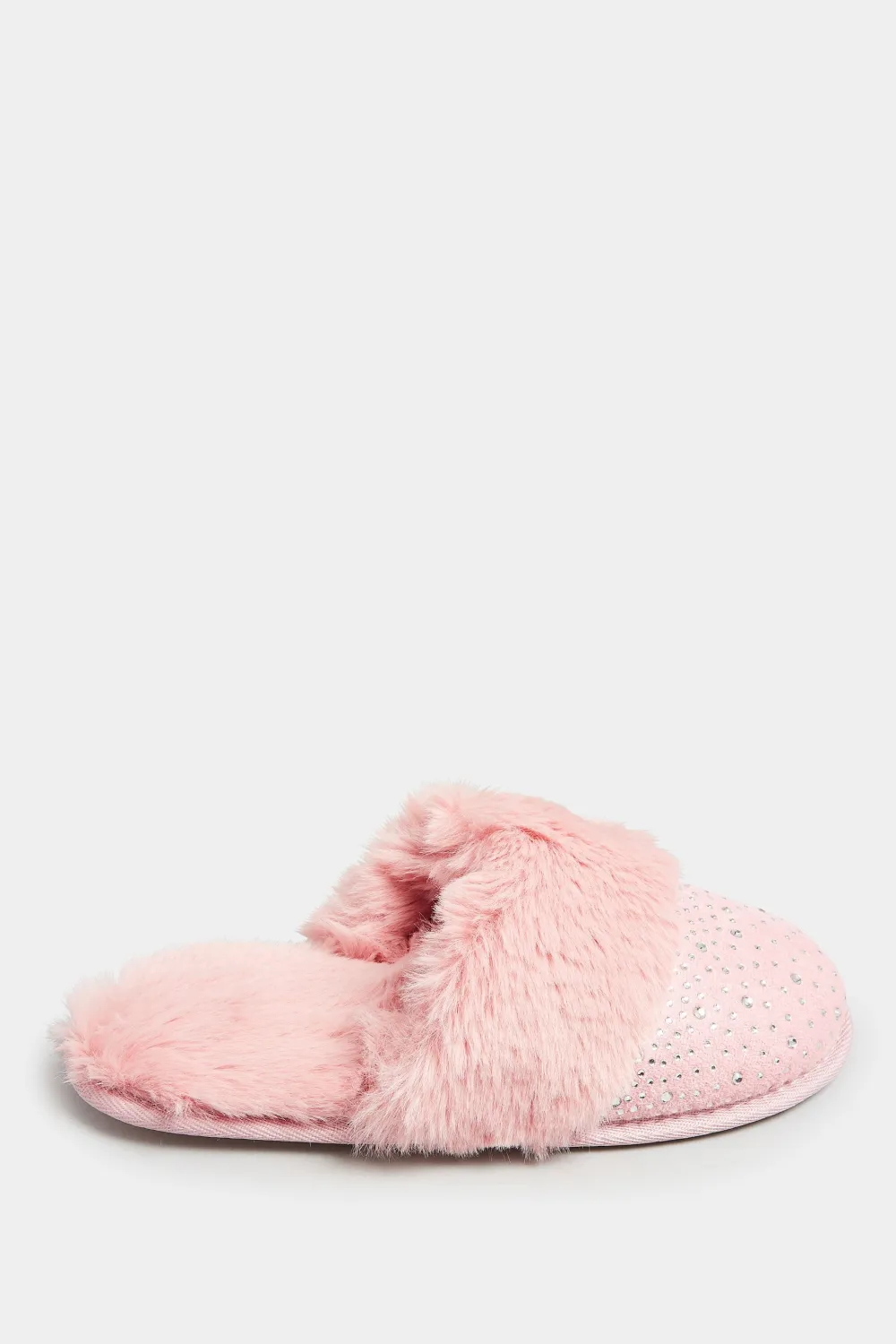 Pink Diamante Faux Fur Slippers In Wide E Fit