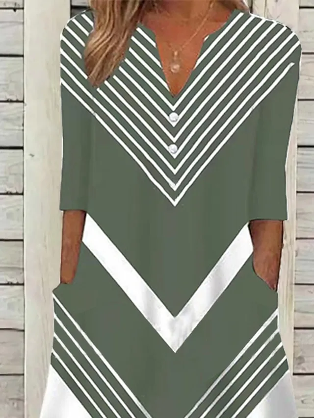 Women's Casual Dress Shift Dress Midi Dress Black and white stripes Green Dark Blue Half Sleeve Color Block Button Summer Spring V Neck Basic Vacation 2023 S M L XL XXL 3XL