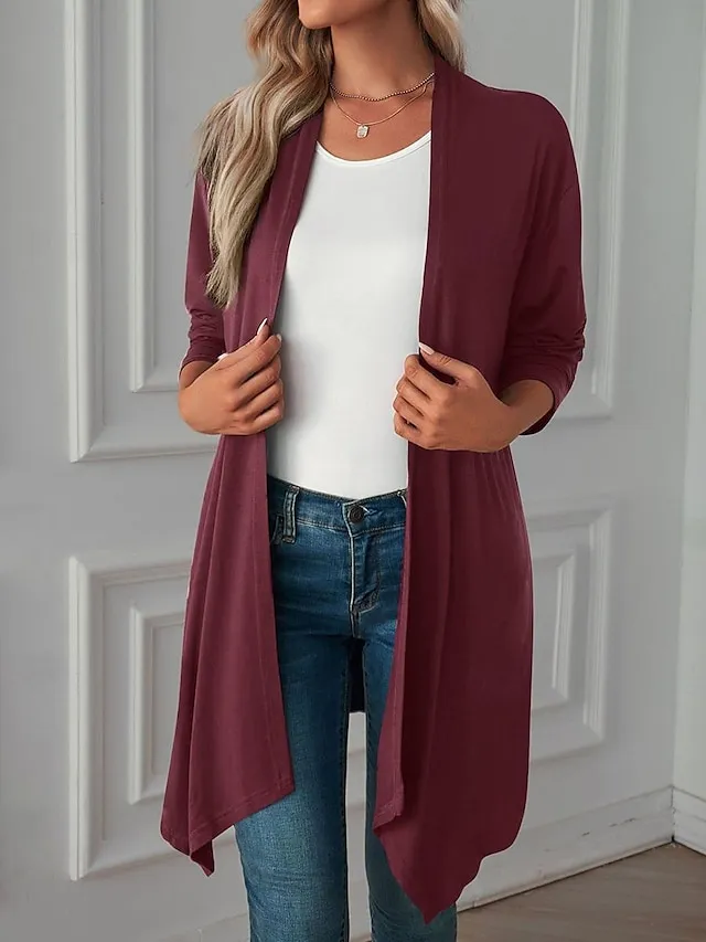 Women's Cardigan Crew Neck Knit Asymmetric Hem Spring Fall Daily Casual Long Sleeve Solid Color Plain Black Wine