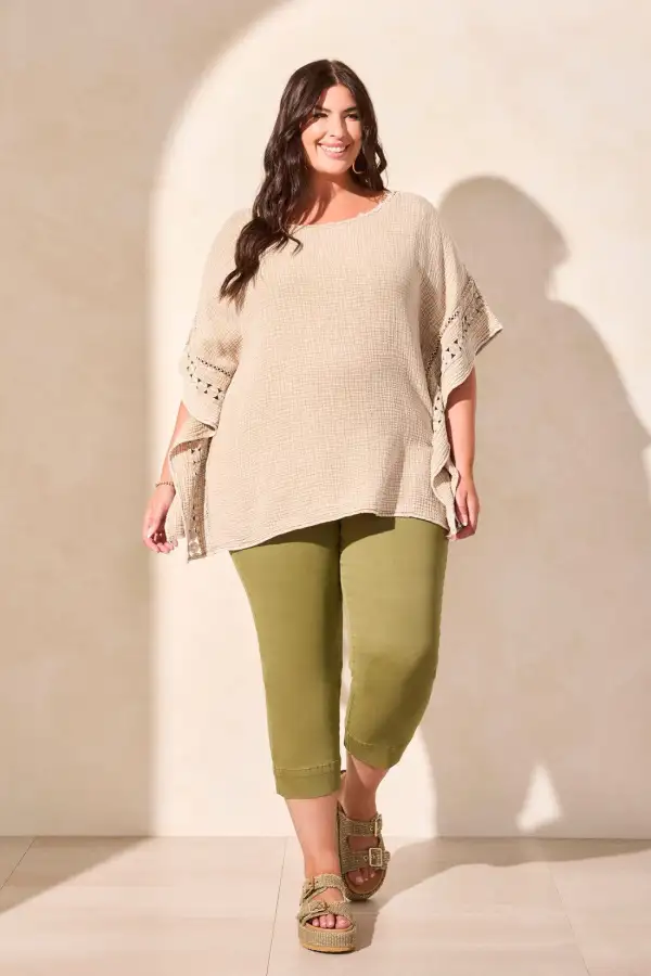 Vintage Wash Cotton Gauze Kaftan Blouse With Fancy Trim-Nudeolive