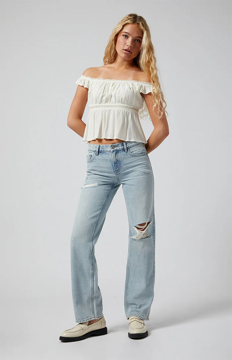PacSun Jordyn Ripped Low Rise Straight Leg Jeans Light Indigo