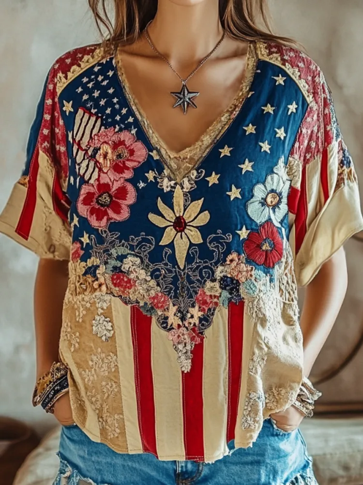 Women's Floral Embroidery Independence Day Short Sleeve V Neck Casual Linen Top