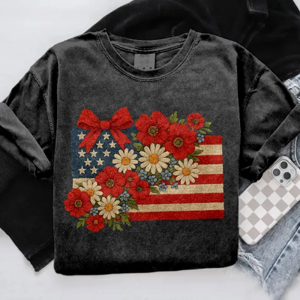 Floral American Flag Embroidered Vintage T Shirt