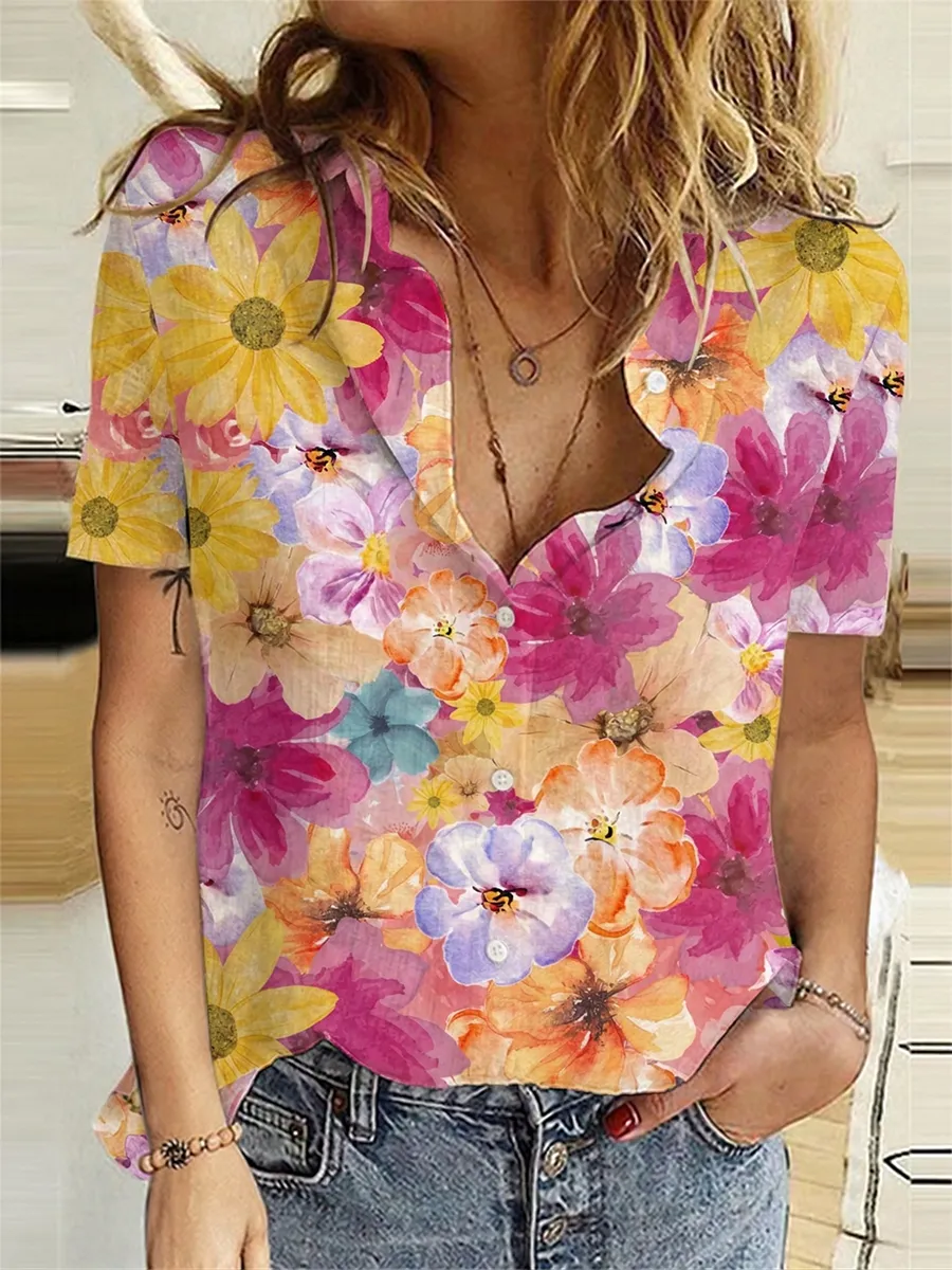 Women's Casual Vacation Floral Cotton And Linen Shirt