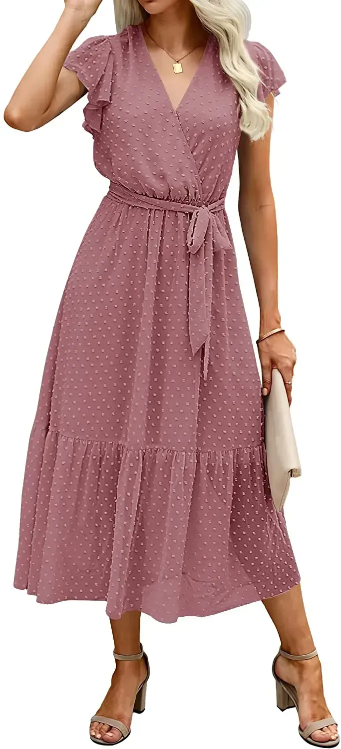Women Summer Bohemian Floral Casual Wrap V Neck Ruffle Cap Sleeveless Belt A-Line Pleated Hem Swing Midi Sun Dress