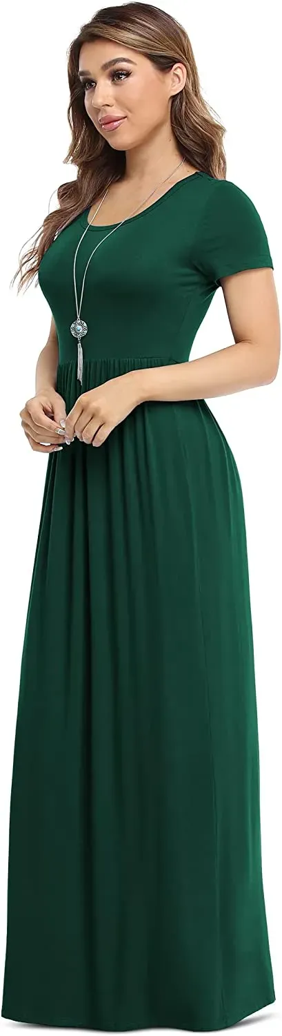 Women's Short Sleeve Loose Plain Maxi Dresses Casual Long Dresses with Pockets