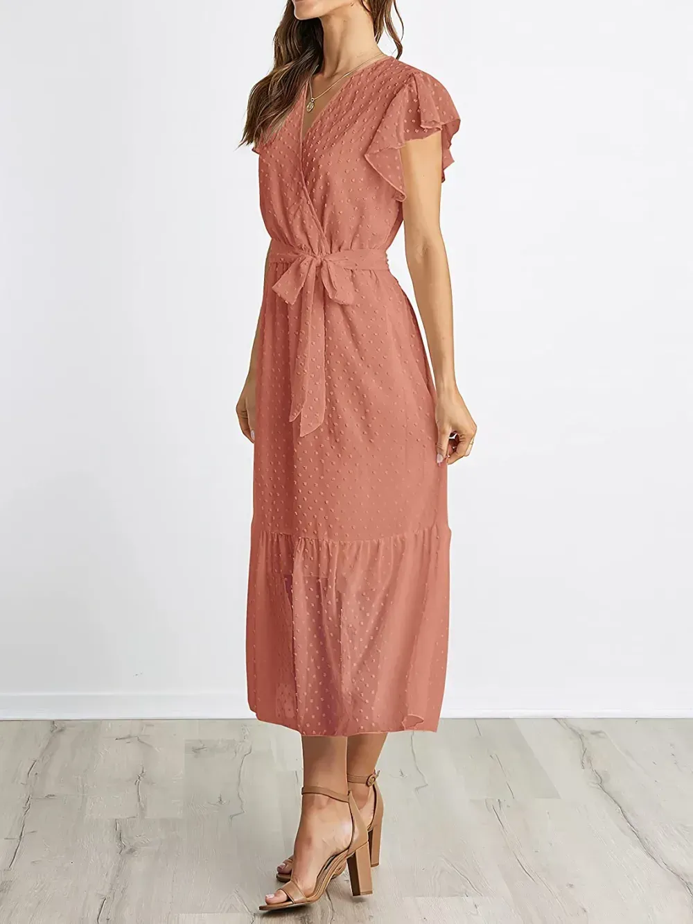 Women Summer Bohemian Floral Casual Wrap V Neck Ruffle Cap Sleeveless Belt A-Line Pleated Hem Swing Midi Sun Dress