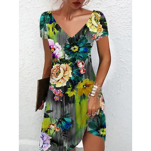 Women's Casual Dress Summer Dress Print Dress Floral Print V Neck Mini Dress Active Fashion Outdoor Daily Short Sleeve Regular Fit Black And White Olive Green Colourful Summer Spring S M L XL XXL