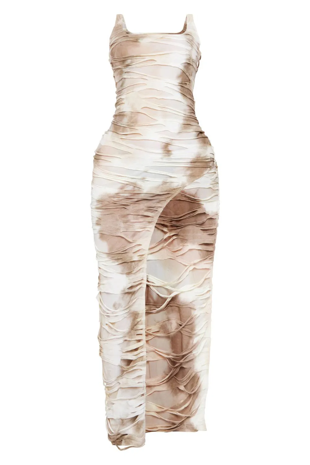 Red Abstract Print Distressed Bodycon Slit Midaxi Dress