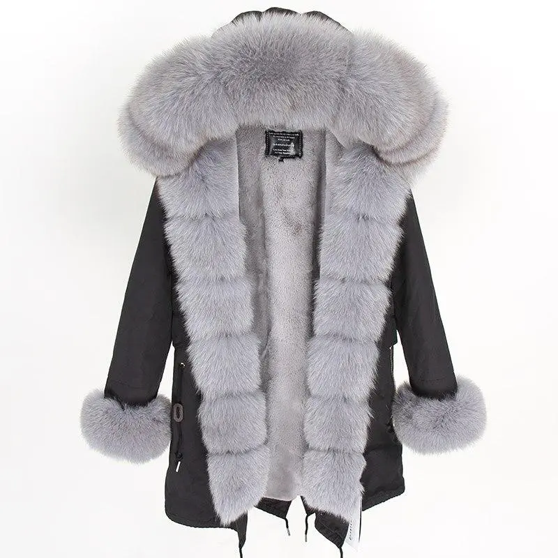 Women's Parka Fox Fur Coats Real Fur Winter Long Black Park Cotton Thick Warm