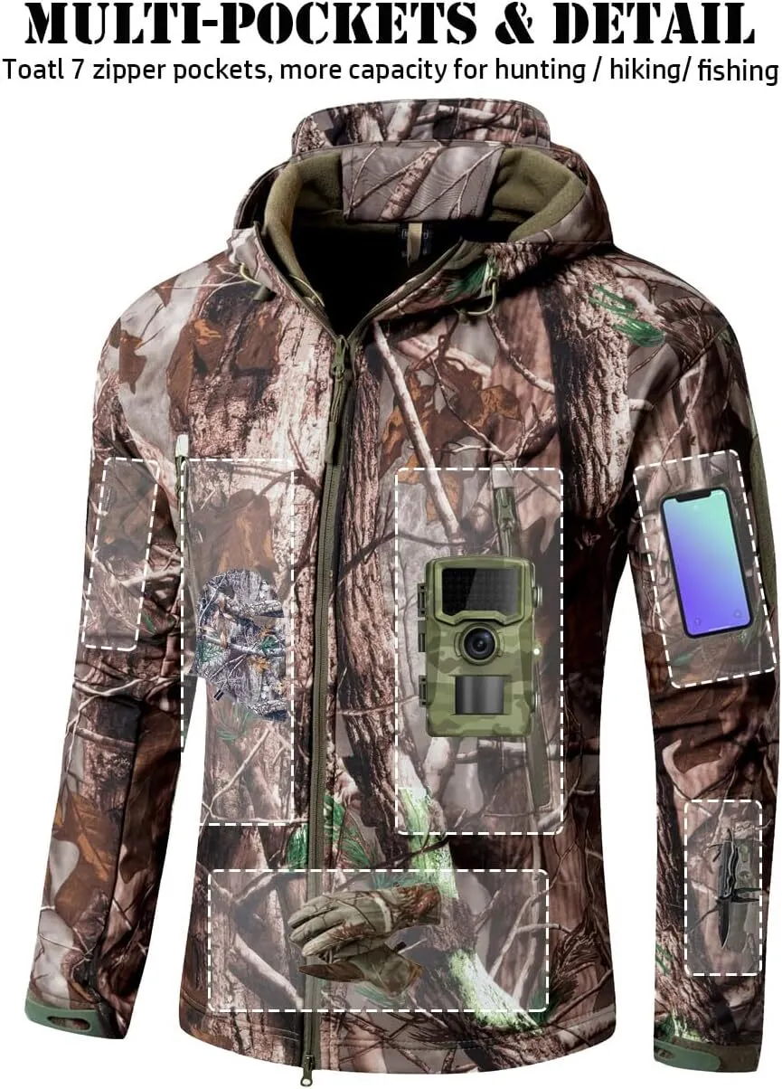Men's Soft Shell Military Tactical Jacket Outdoor Camouflage Hunting Fleece Hooded Coat