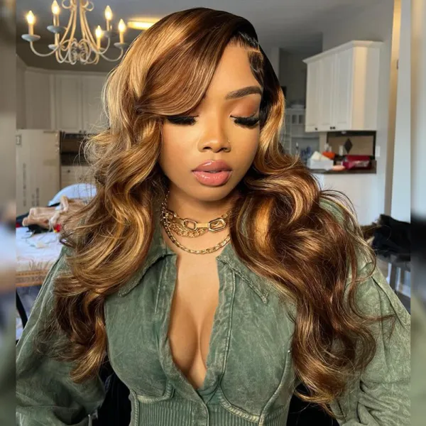 Sterly Hair Black Roots with 4/27 Highlight Wig Body Wave Lace Front Human Hair Wig