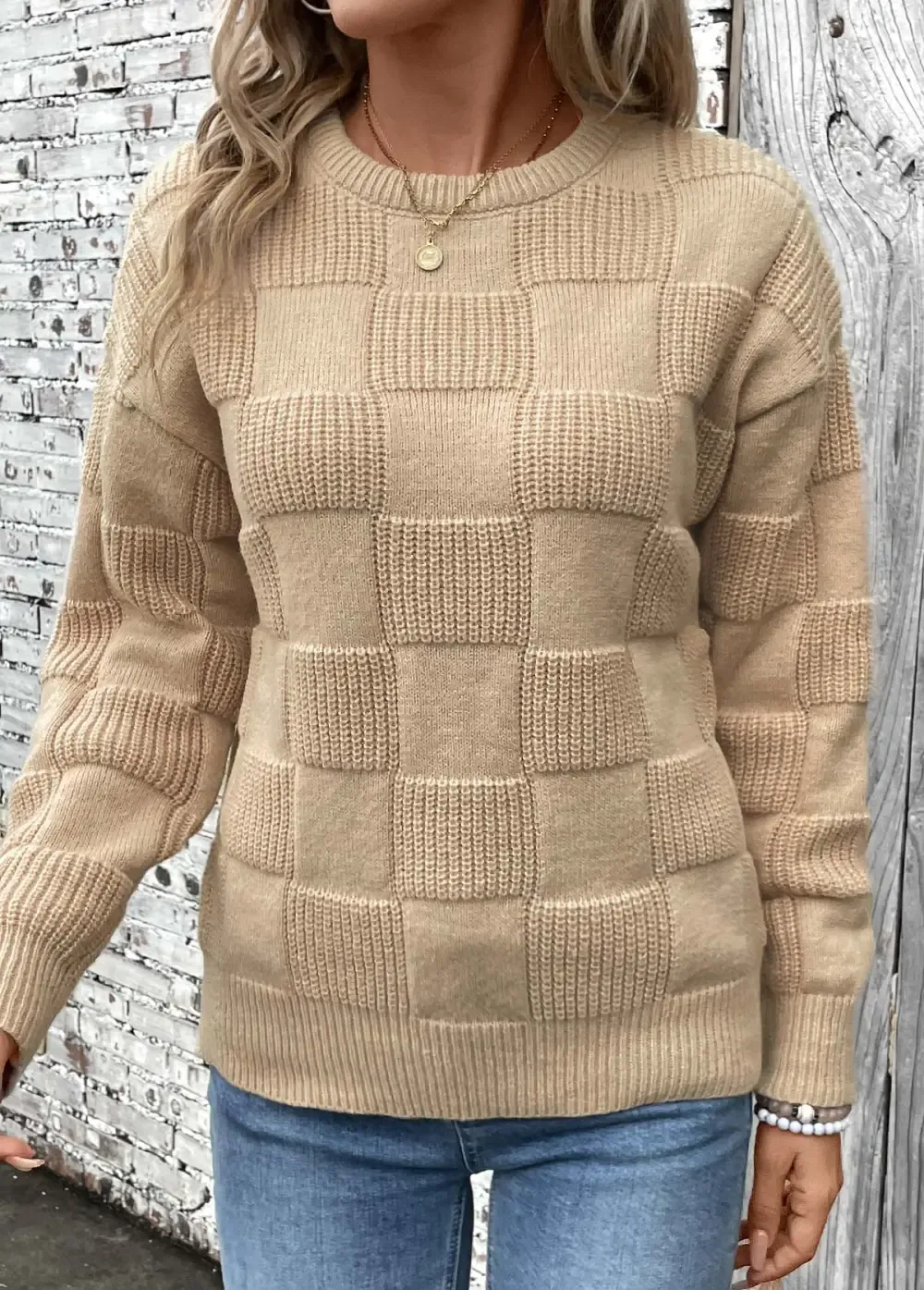 Light Coffee Patchwork Long Sleeve Round Neck Sweater