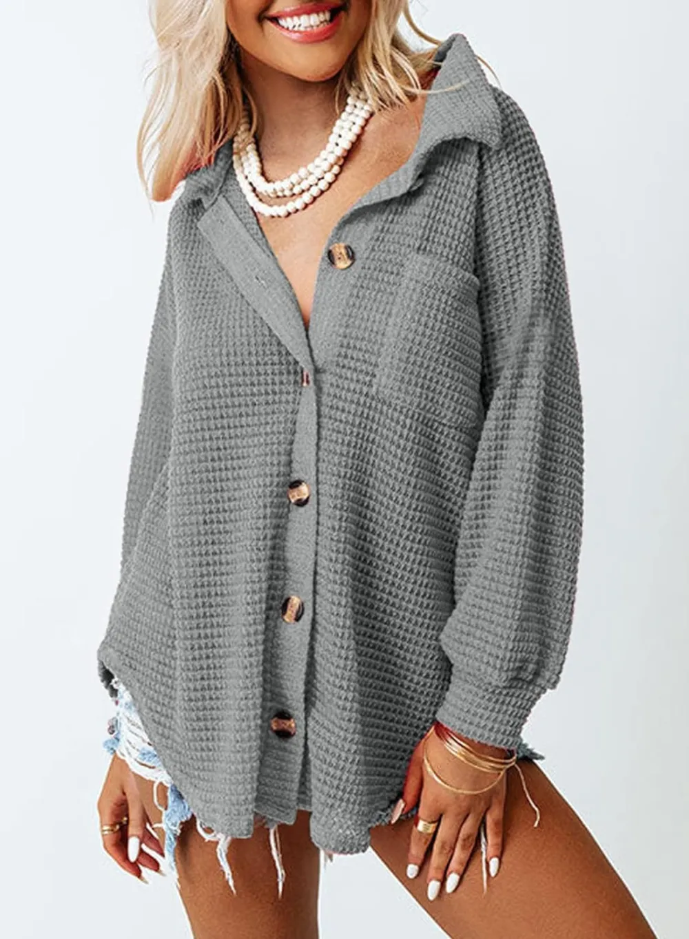 Womens Waffle Knit Button Down Shirts Casual Long Sleeve Shacket Jacket Boyfriend Tops Blouses Loose Fit