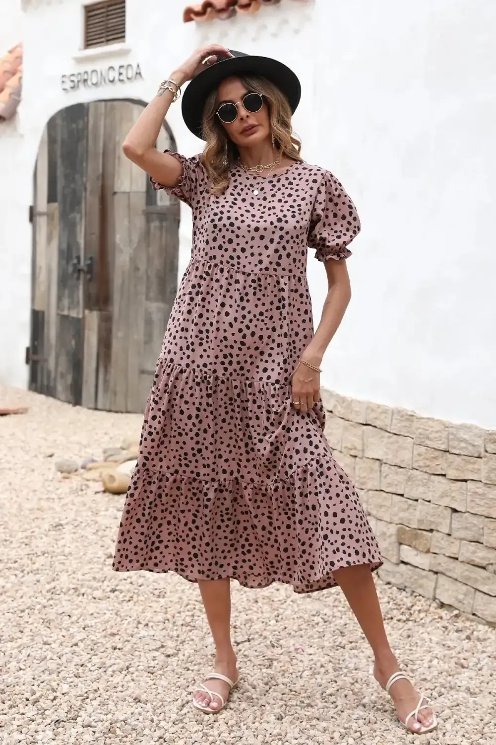 Floral Print Ruffle Puff Sleeve High Waist Midi Dresses