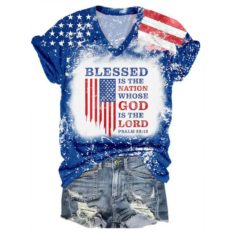 Women's Blessed Nation Psalm 33:22 4th Of July Print V-Neck T-Shirt