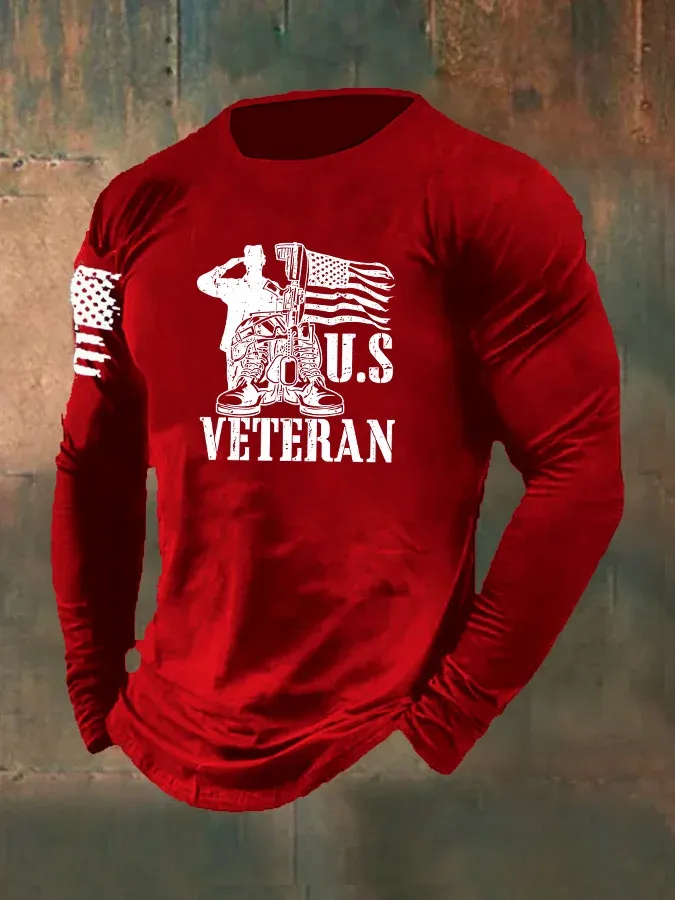 Men's US Veteran Pattern Long Sleeve 100% Cotton T-Shirt