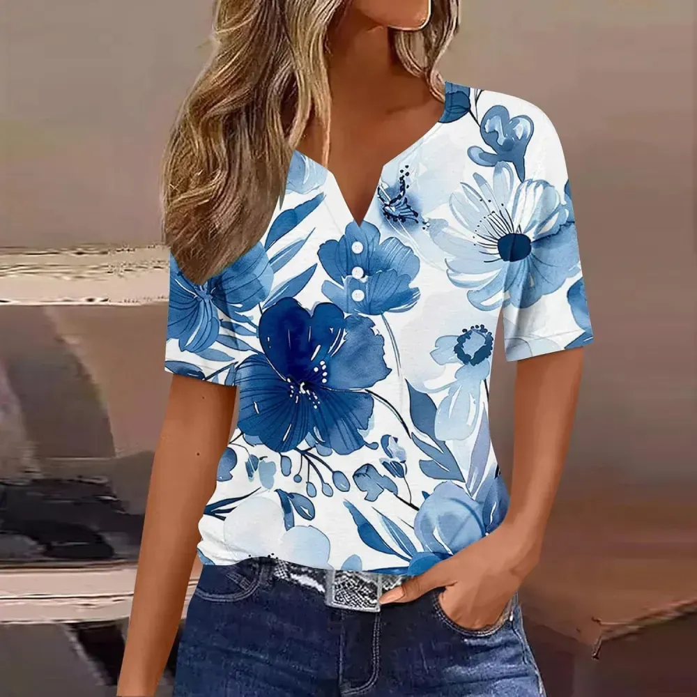 Shirts for Women Casual Printed Summer Tops Short-Sleeved Button V-Neck Tops Blouse Fashion Boho T-Shirts