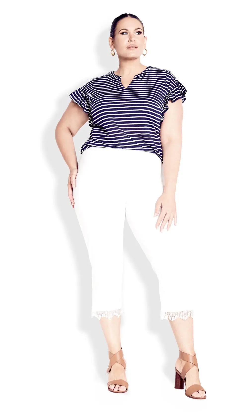 Evans White Lace Trim Cropped Leggings