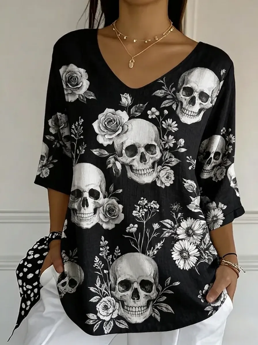 Women's Nashville Gothic Skull and Rose Printed V-neck Top