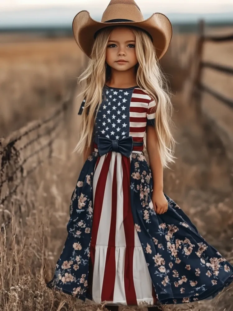 Young Girl's Patchwork Independence Day America Flag Print Linen Short Sleeve Dress（with Belt）