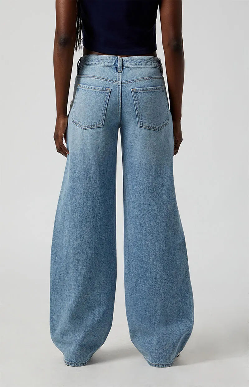 PacSun Casey Rhinestone Bow Low Rise Baggy Jeans Light Indigo