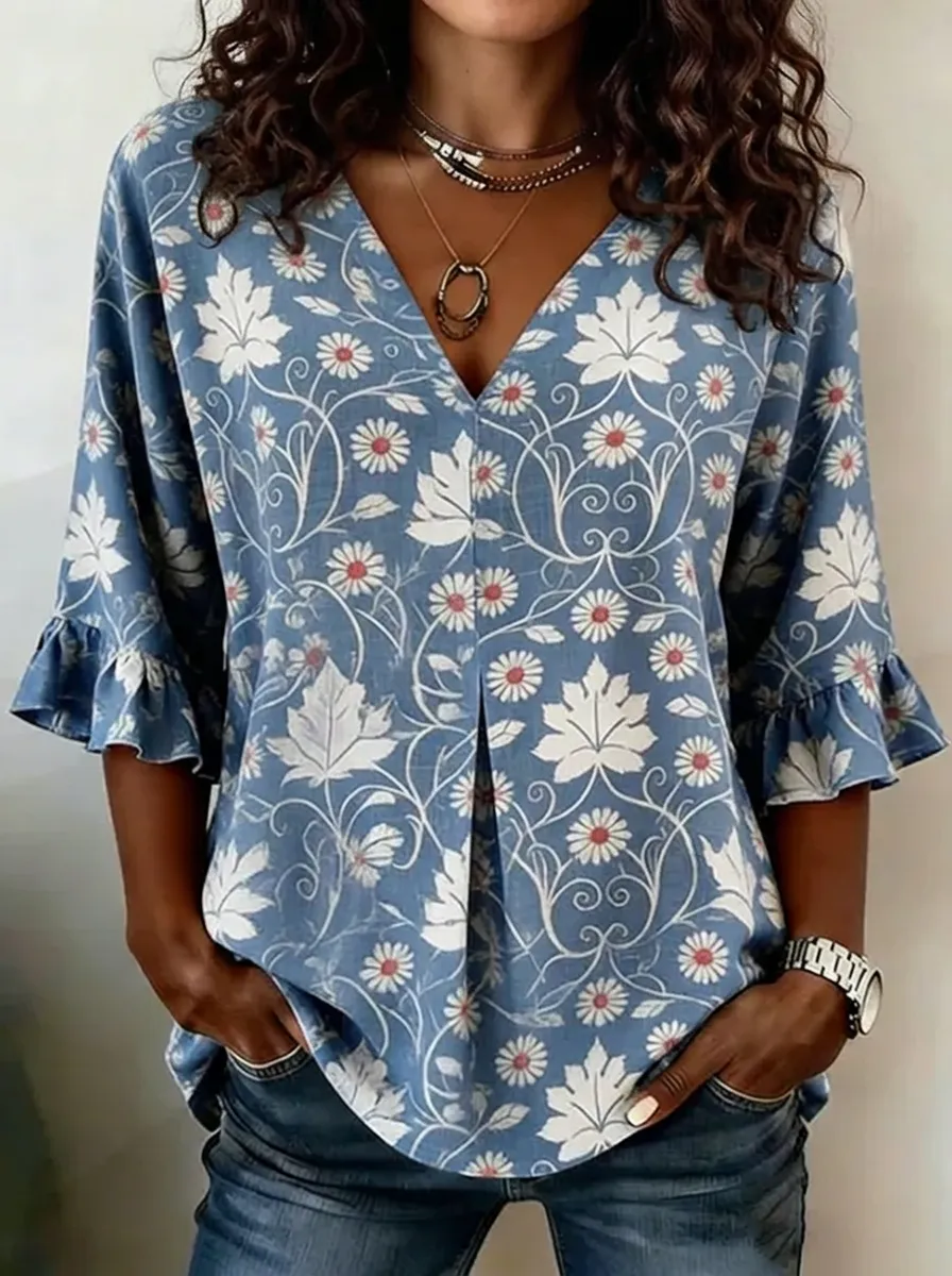 Women's Nashville Floral Leaf Printed V-neck Ruffle Top