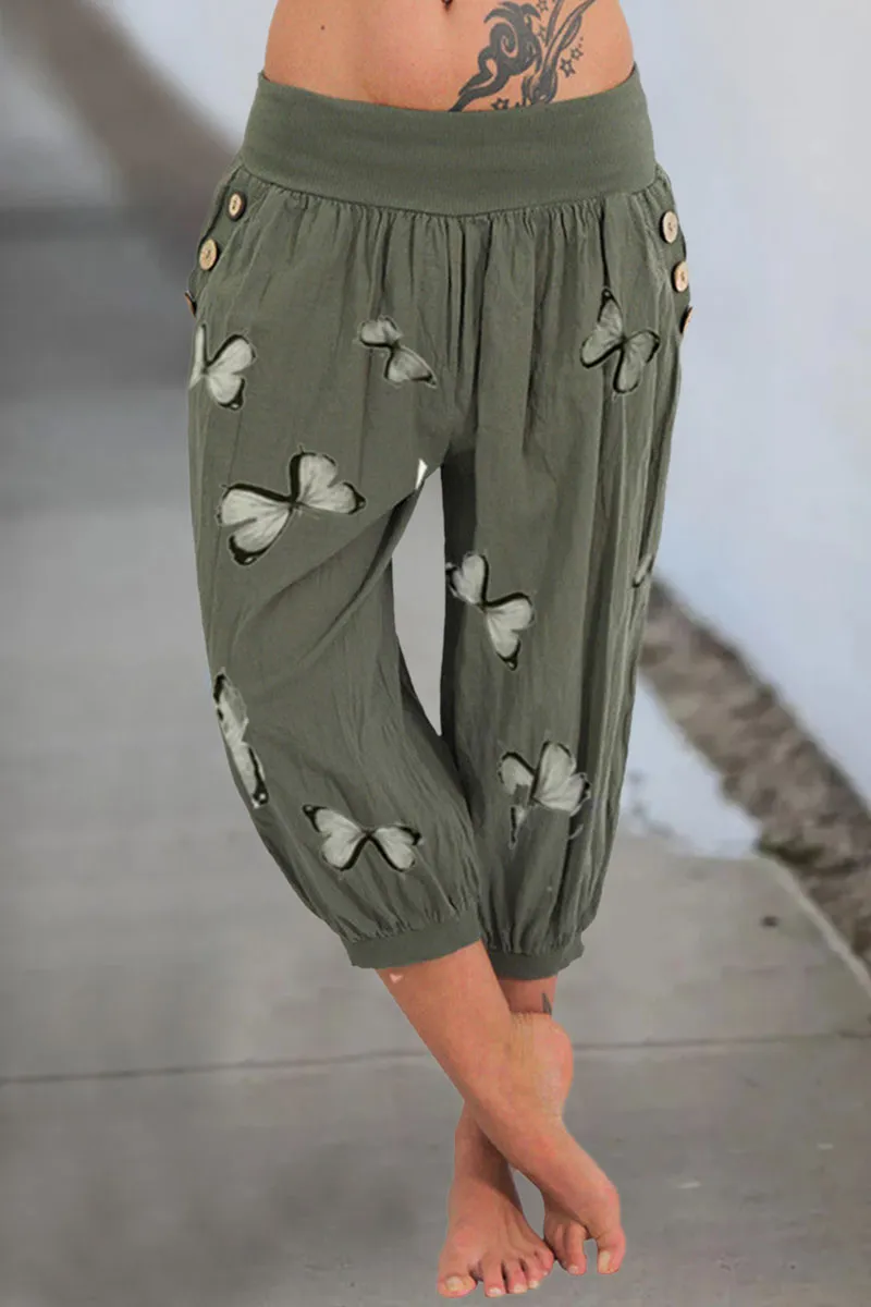Butterfly Print Pocket Side Capris Pants