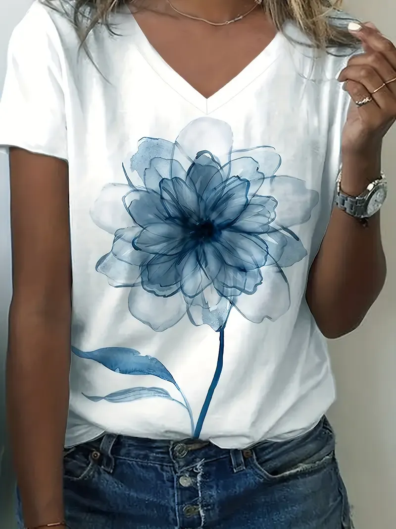Vibrant Floral Print V Neck T-Shirt - Soft Mid-Elasticity Polyester, Casual Short Sleeve Top for Spring & Summer, Machine Washable, Semi-Sheer, Regular Length, Knit Fabric, Perfect for Womens Everyday Wear