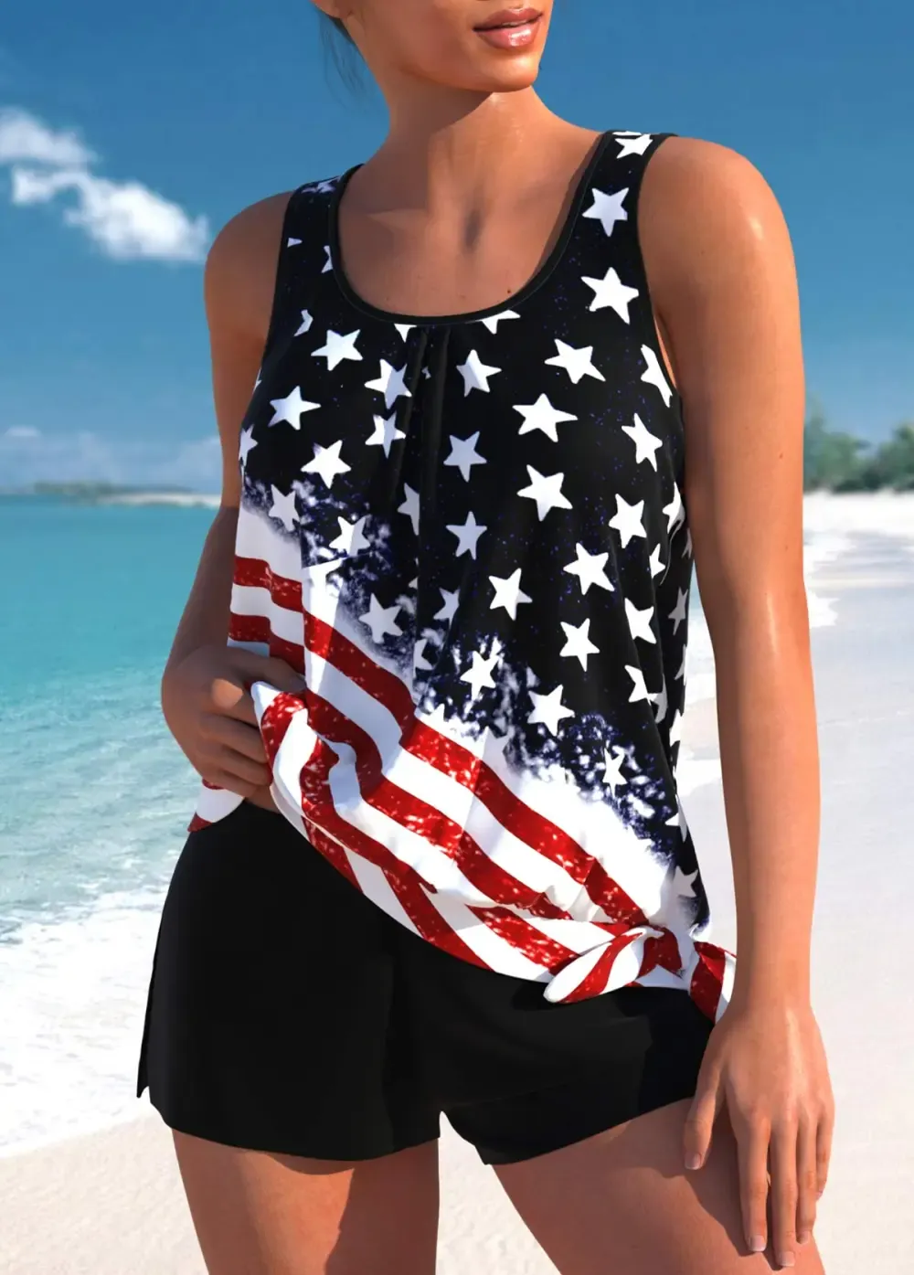Black Bowknot Mid Waisted American Flag Print Tankini Set