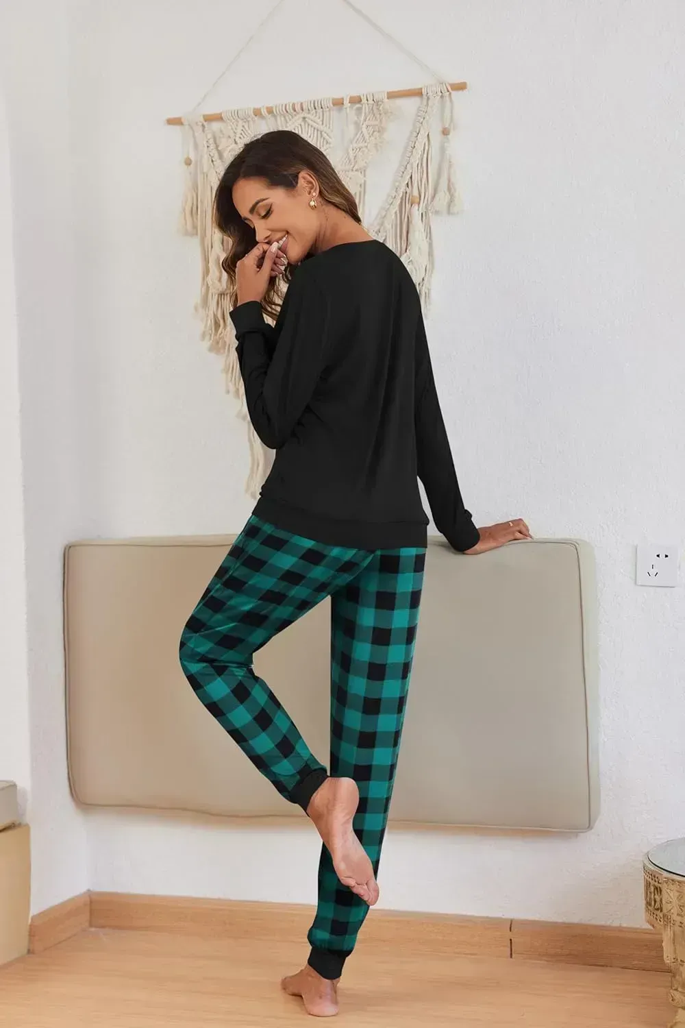 Women's Pajamas Sets Long Sleeve with Plaid Pants Soft Sleepwear O Neck 2 Piece Pjs Joggers Loung Set with Pockets
