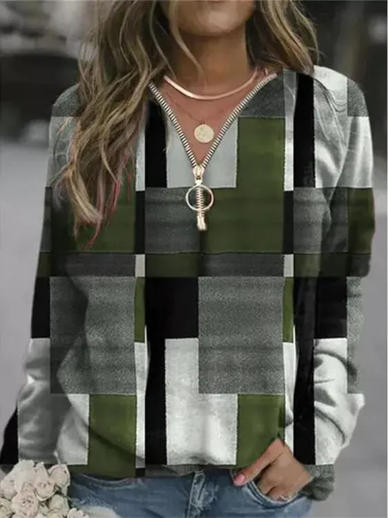 Women Long Sleeve V-neck Geometric Colorblock Top