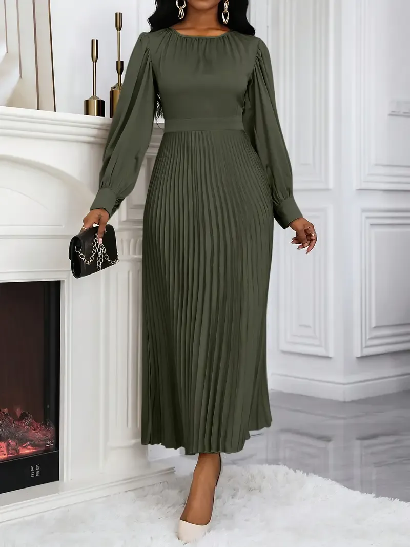 Elegant Maroon Pleated A-Line Dress for Women with Bubble Sleeves - Polyester, Round Neck, Machine Washable, All-Season Elegance