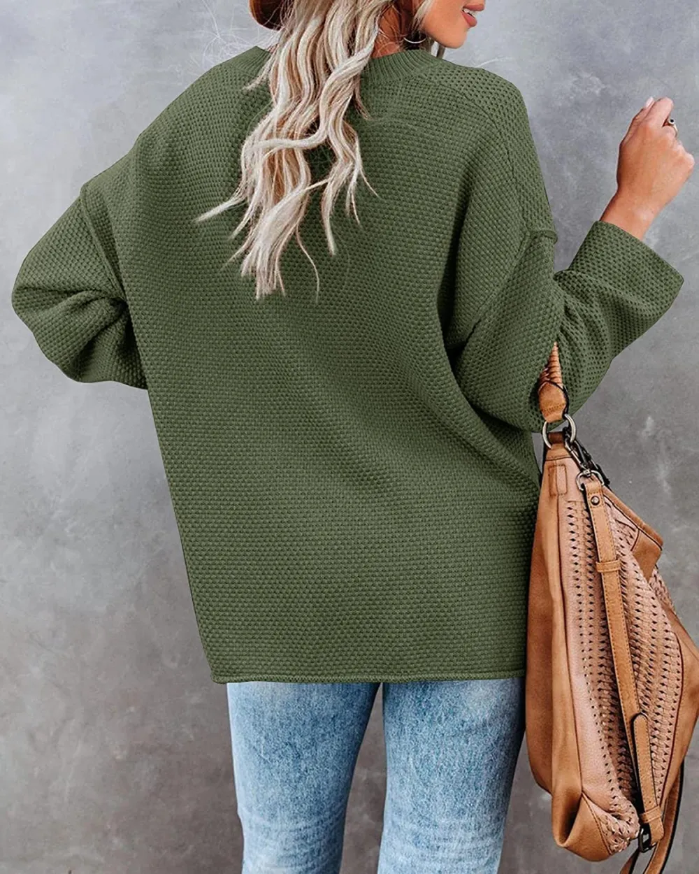 Women's Oversized Sweaters Batwing Long Sleeve Loose V Neck Button Henley Tops Pullover Knit Jumper
