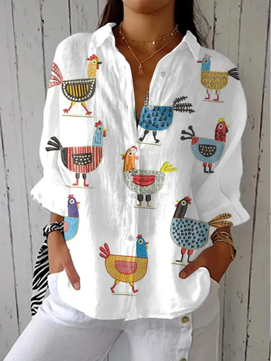 Women's Funny Vintage Chicken Art Print Casual Linen V-neck Shirt